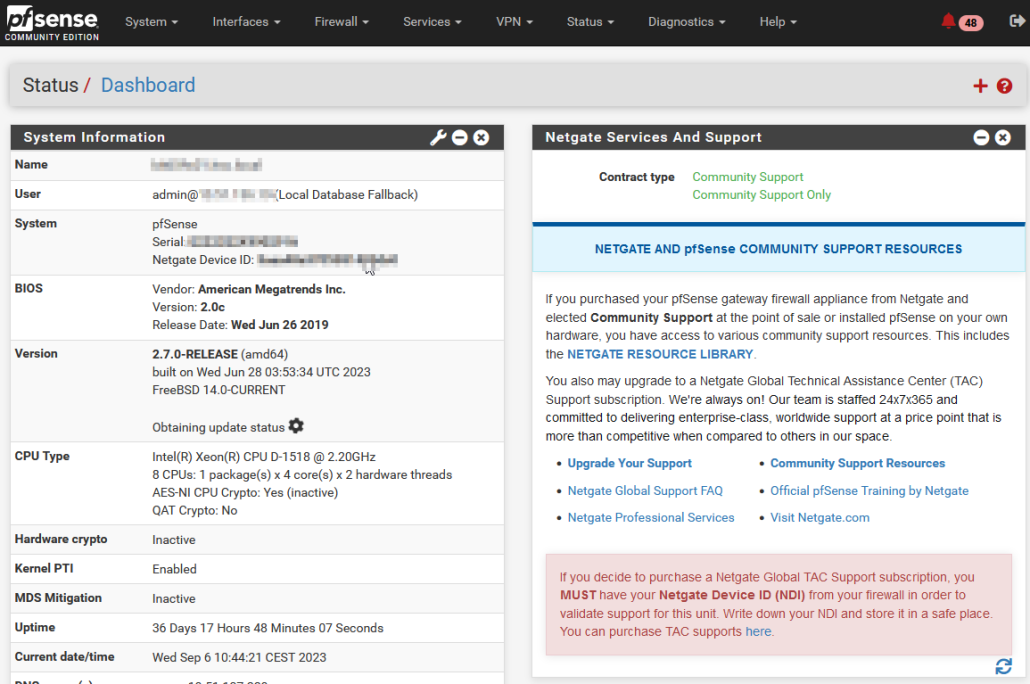 2023 pfsense dashboard screenshot